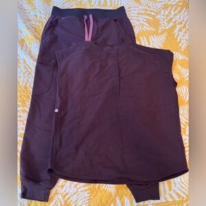 Figs Women's Scrub Set in Deep Plum with Pink Drawstring